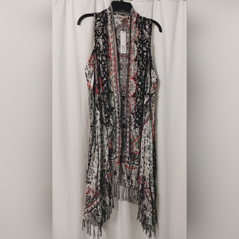 Soft Surroundings Embroidered Open Front Cardigan Fringe